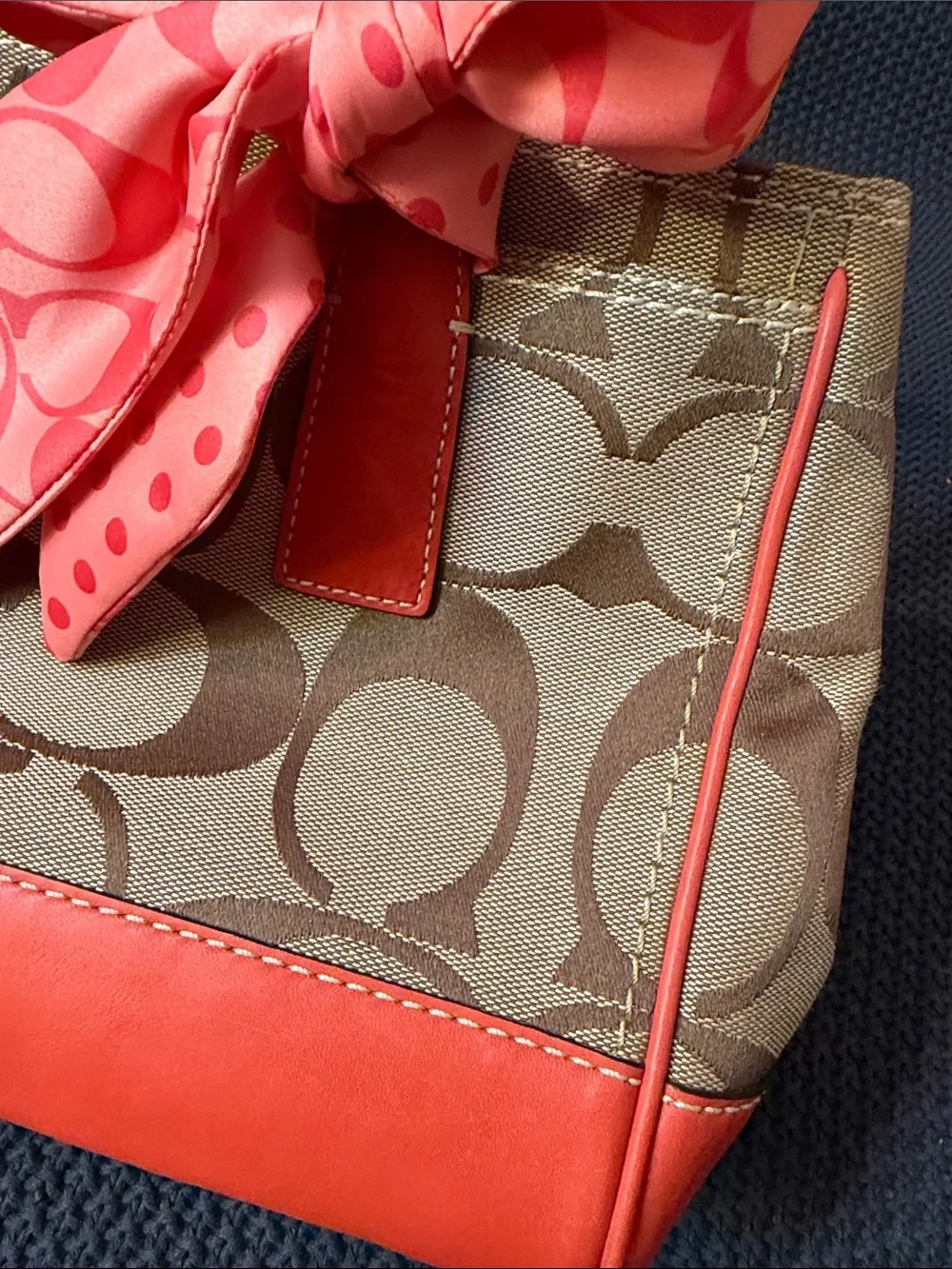 Coach Beige Signature Satchel with Coral Leather Trim and Coral Scarf